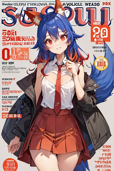 Firefox-Skollie, red eyes, fox girl, multiple tails, multicolored hair, 1girl, hairclip, solo, light smile, small breasts, looking at viewer, 
, pleated skirt, necktie, open jacket, magazine cover, simple background, 
(masterpiece:1.1), (best quality:1.1),...