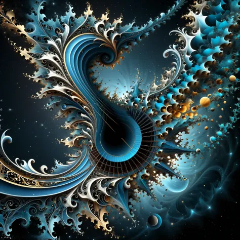 Utilize fractal geometry to enhance the hyperrealistic imagery, incorporating Mandelbrot-inspired patterns that intertwine with 3D musical elements, creating a visually complex and intricate composition.