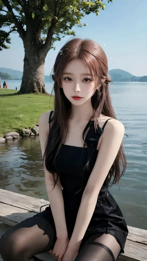 Real person photos,Chinese beauty with long straight reddish brown hair, masterpiece, best quality, extremely delicate and beautiful,high resolution, absurderes, Optimal proportions of four fingers and one thumb, in the lake with trees,sitting, highly det...