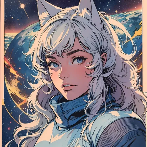 ultimate best quality,beautiful woman,speech bubble,big brest,galaxy,60s,70s,80s,colorful,cosmo,space,((wolf)),