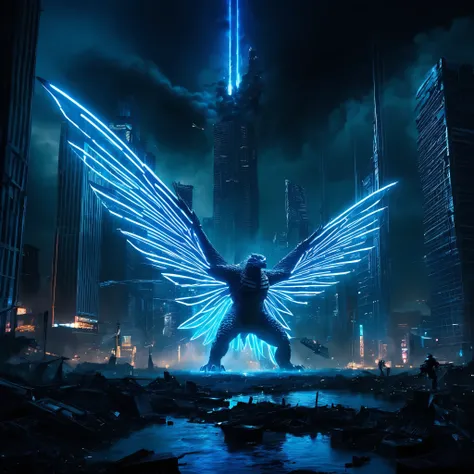 (best quality,ultra-detailed,realistic:1.37),Godzilla,neon Blue Butterfly,city destruction,towering skyscrapers,giant monster,huge wings,glowing body,nighttime scene,chaos,emerging from the ocean,dramatic confrontation,epic battle,threatening presence,city...