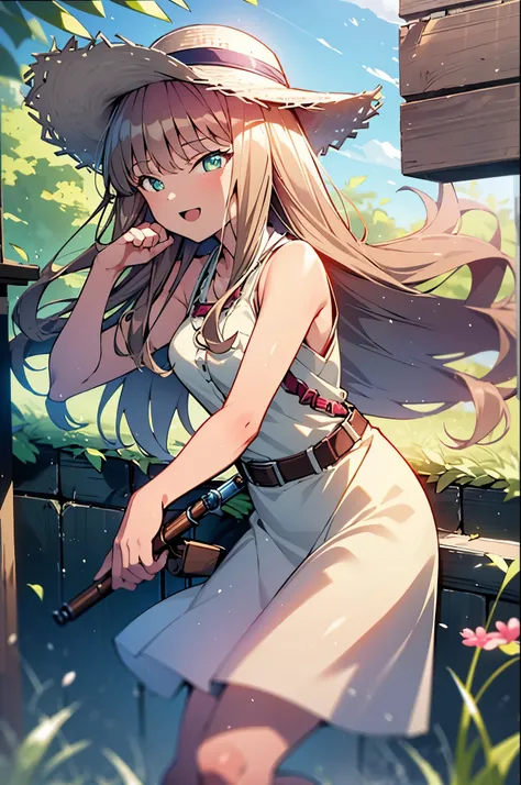 8k,highest quality,masterpiece,The seeds of a southern dream,The seeds of a southern dream　sss Dynazenon,Brown Hair,Long Hair,Green Eyes,Short braided hair,happy smile, smile, Open your mouth,Big straw hat,Sleeveless dress,Bare arms,Long skirt,　,Cute heele...