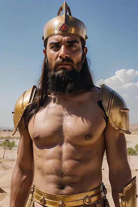 A sumerian soldier wearing traditional sumerian armor, amazing colors, old, Sandy, realistic, hyper realistic, show only the face, man, angry face