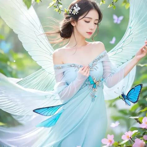 blue butterfly, vibrant colors, detailed wings, delicate patterns, graceful flight, sparkling sunlight, natures beauty, close-up view, ethereal atmosphere, mesmerizing dance, gentle breeze, blooming flowers, peaceful garden, magical transformation, dreamli...