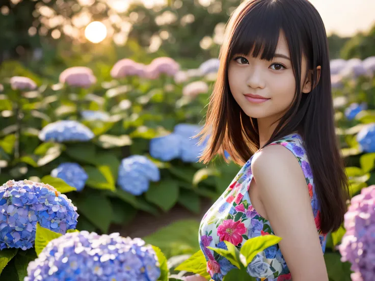 20-year-old, rays of light at dusk,  hydrangea front Bokeh, Bokeh, photorealistic,  dark background, smile, (one girl), (sunset: 1.3), (8K, RAW photo, highest quality, masterpiece: 1.2), (realistic, photorealism: 1.37), highest quality, ultra high resoluti...