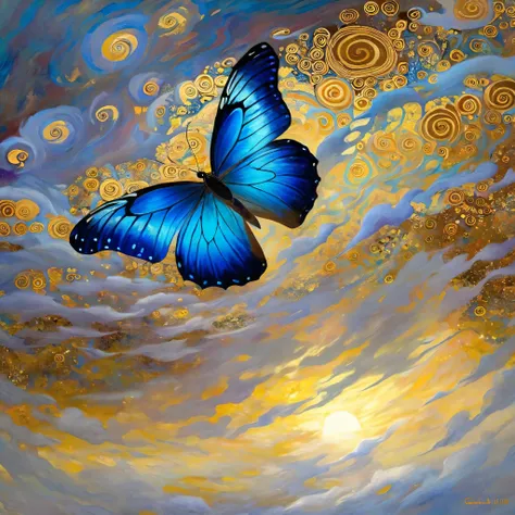 blue butterfly，  Flying in the clouds,  epic ，  Otherworldly ，Awesome ，Clever use of light and shadow，Adds depth and drama to the scene., Bringing the audience into an elegant narrative. This masterpiece, Created by the famous painter Gustav Klimt, Delve d...