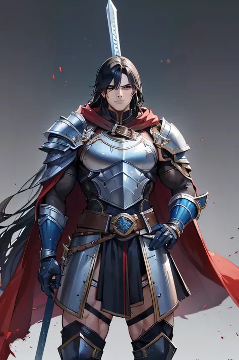 A handsome man, so Muscular. He has black bloody hair. He wears a black and blue Gladiator helmet and Gladiator armor, muscular armor. He carries a bloody gladiator sword. He has a matching shredded cape. War background. Soldiers background.league of legen...