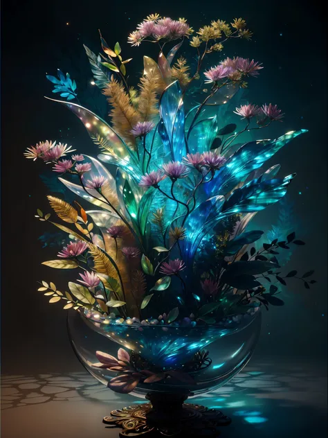 masterpiece of glass sculpture with plants inside, water, glowing, fantasy, high quality, high detail, best quality, rtx, 4k, 8k, include colors white pearl orange gold teal 