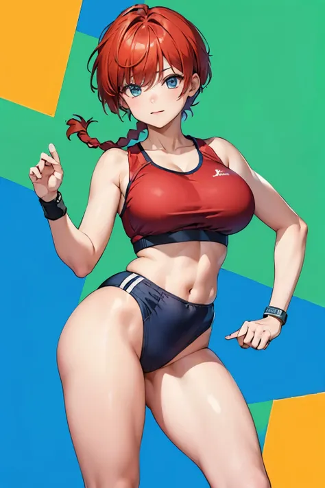 ((((masterpiece)))), high quality, very_high_resolution, large_filesize, full color, heavy outline, clear outline, colorful, (beautiful detailed eyes), (beautiful face:1.3), boyish face, 1 girl, (femaleranma), (red hair), short hair, (braided ponytail), ((...