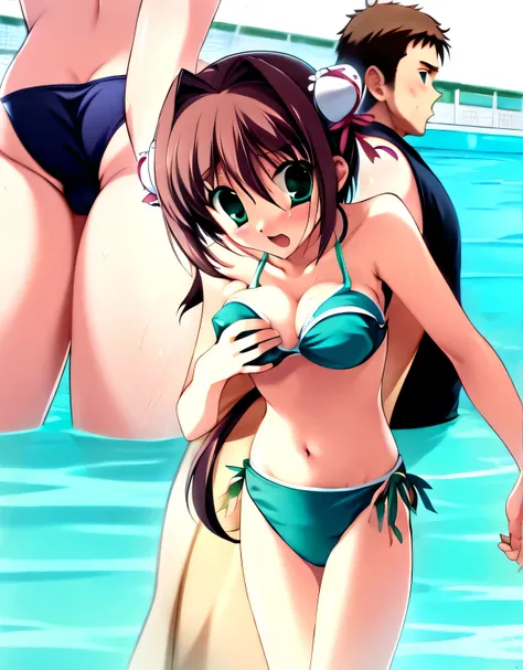 asakura_yume,((woman１people々)),Brown Hair,Medium Chest,Aqua Eye,White skin,Browsing Caution,(((Pool))),((Multiple men)),((Are standing)),(((Meng Zhu_Surrounded by middle-aged men molesting))),(((((((Meng Zhu_A pervert grabs my breasts))))))),blush, (surpri...