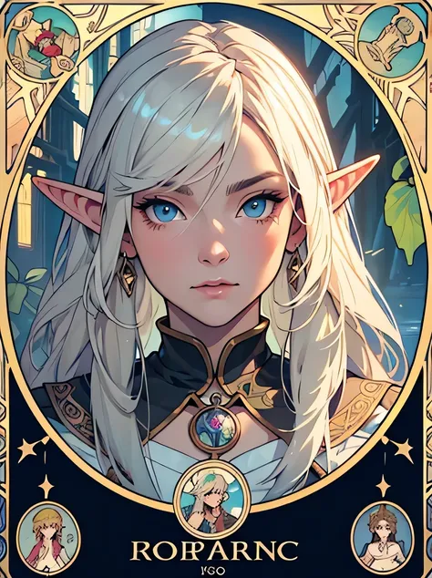 ((masterpiece、highest quality、Super fine、High resolution、Sharp focus、Cinematic lighting))、((1 female、Bust Shot))、Face Light、Elf Girl、Portrait of the face of a European elf、Shapeless long hair、Glowing Skin、Detailed face、Wearing patterned robes、cloud、((Tarot...