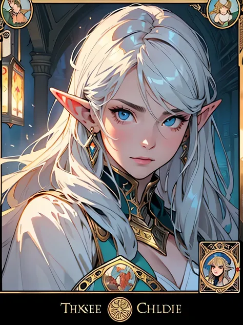 ((masterpiece、highest quality、Super fine、High resolution、Sharp focus、Cinematic lighting))、((1 female、Bust Shot))、Face Light、Elf Girl、Portrait of the face of a European elf、Shapeless long hair、Glowing Skin、Detailed face、Wearing patterned robes、cloud、((Tarot...