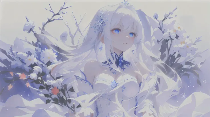 masterpiece, one girl, snow, red eyes, long white hair, white frozen flowers, sad look, blue eyes, ultra detailed, high quality, standing, white dress, flower ornament, medium sized breasts,