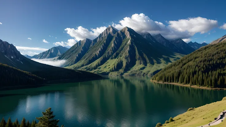 Mountain Top，Clouds and mist，There is a tranquil mountain lake，The lake is crystal clear，Surrounded by mountains，A paradise on earth