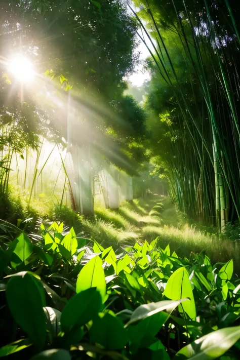 In the bamboo forest、The sunlight filtering through the trees is soft、