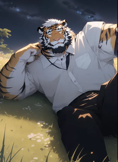 hairy，（tiger）（White short sleeve：1.3）beard，Golden fur，（lying on the grass：1.3）male，Common，（Starry sky at night：1.3），（Finger sky：1.3）Real background，极其lifelike阴影，masterpiece，Very detailed，lifelike。