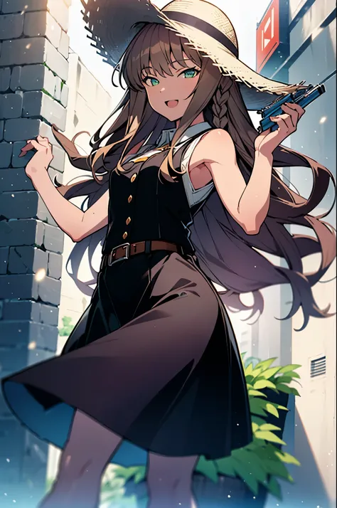 8k,highest quality,masterpiece,The seeds of a southern dream,The seeds of a southern dream　sss Dynazenon,Brown Hair,Long Hair,Green Eyes,Short braided hair,happy smile, smile, Open your mouth,Big straw hat,Sleeveless dress,Bare arms,Long skirt,Cute heeled ...