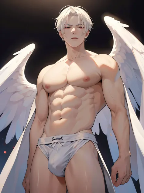 masterpiece, highest quality, (Focus alone), (Perfect Face:1.1), (Attention to detail:1.1),dramatic, (an alluring albino angel guy with long flowing pure white hair and piercing 黒い目),I can see your abs,Handsome,,Short Hair