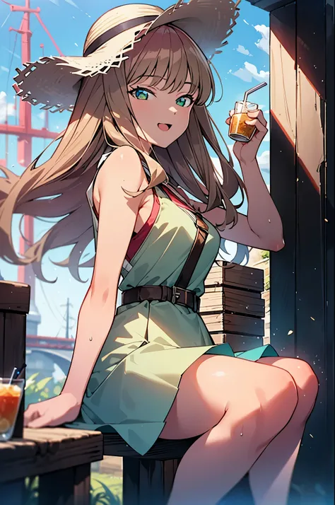 8k,highest quality,masterpiece,The seeds of a southern dream,The seeds of a southern dream　sss Dynazenon,Brown Hair,Long Hair,Green Eyes,Short braided hair,happy smile, smile, Open your mouth,Big straw hat,Sleeveless dress,Bare arms,Long skirt,Cute heeled ...