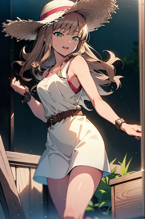 8k,highest quality,masterpiece,The seeds of a southern dream,The seeds of a southern dream　sss Dynazenon,Brown Hair,Long Hair,Green Eyes,Short braided hair,happy smile, smile, Open your mouth,Big straw hat,Sleeveless dress,Bare arms,Long skirt,Cute heeled ...