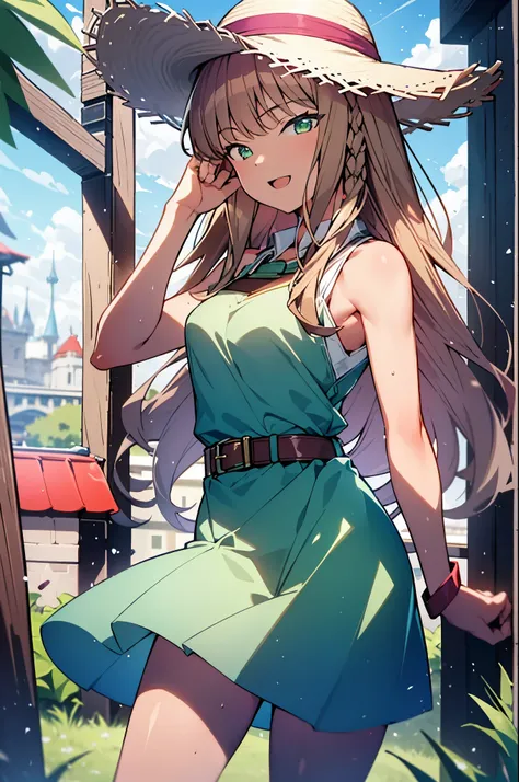 8k,highest quality,masterpiece,The seeds of a southern dream,The seeds of a southern dream　sss Dynazenon,Brown Hair,Long Hair,Green Eyes,Short braided hair,happy smile, smile, Open your mouth,Big straw hat,Sleeveless dress,Bare arms,Long skirt,Cute heeled ...