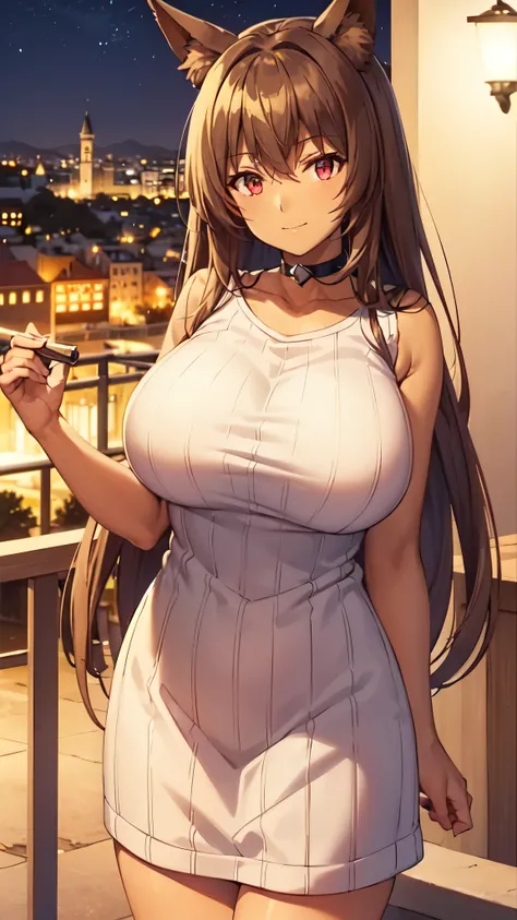 masterpiece, best quality, extremely detailed, 1girl, milf, solo, (dark skin:2), keyaru-mtf, (huge breasts:1.3), ((((brown hair), long hair, bangs, red eyes, fox ears))), parted lips, (((choker, sweater dress, sleeveless))), ((light smile), closed mouth), ...