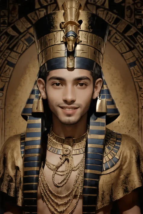 hombre medio cuerpo, portrait of a 30 year old Egyptian pharaoh man dressed as an ancient Egyptian pharaoh Tutankhamun style with brunette hair, ojos grandes negros, sonrisa perfecta, looking at camera, detalles perfectos, alta calidad