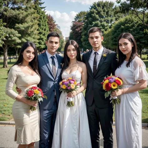 there are five people standing together holding a bouquet of flowers, graduation photo,  family, wearing an academic gown, post ...