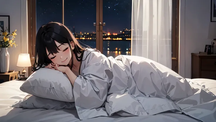 ((night, 深night, Gentle moonlight, Natural diffused dark lighting)), futon, pillow, close your eyes, bed, Sleep, Black Hair, Under the cover, blanket, 深night, beautiful starry sky on the window, indoor, ultra detailed, masterpiece, highest quality, beautif...