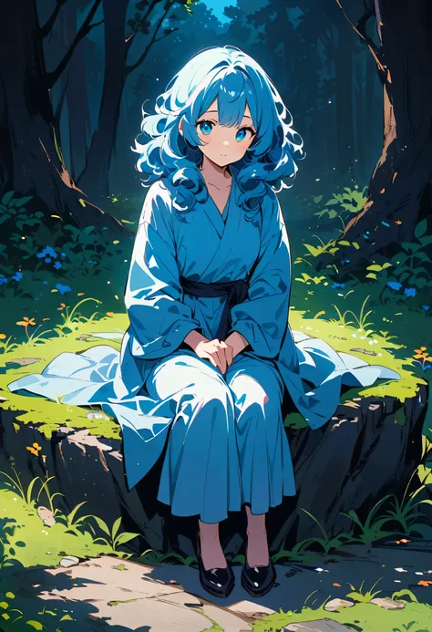 dark light blue hair，Curly Hair，Sitting on a stone resting