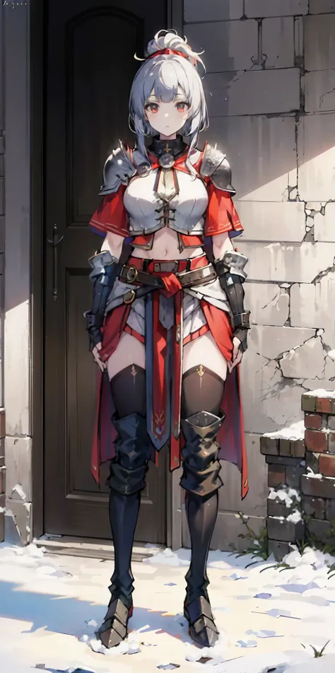 full body standing straight symmetrical, FEMALE warrior princess, big belt around waist, hair, very white skin like snow, wearing full heavy armor red cape, brown leather boots, adventurer outfit, veteran warrior