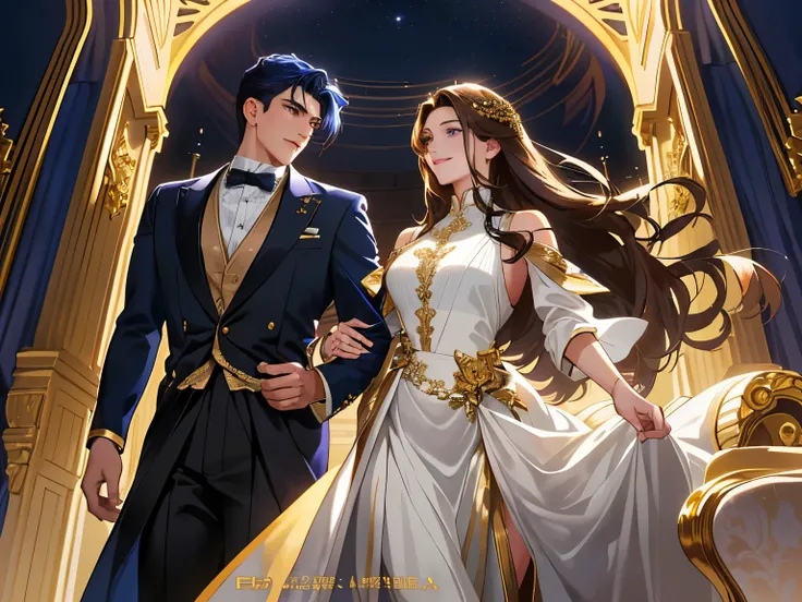 Book Cover: A young man of imposing stature graces the cover, his golden eyes captivating and his navy-blue hair reflecting passion and mystery. His presence is magnetic, adorned in elegant attire, and a captivating smile adds a special touch. By his side,...