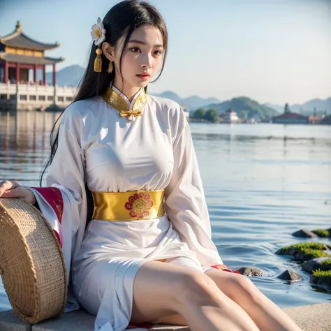 a girl, ancient chinese costume, whole body, sunshine, clear face, clean white background, masterpiece, super detail, epic compo...