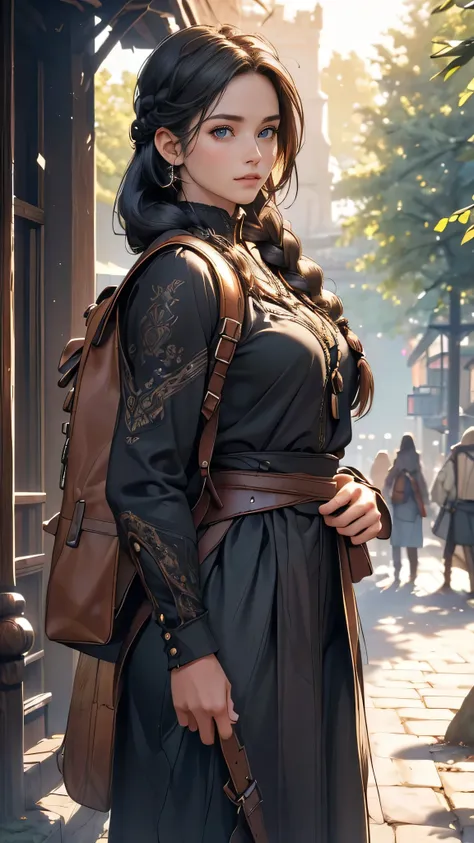 (best quality,4k,8k,highres,masterpiece:1.2),ultra-detailed,(realistic,photorealistic,photo-realistic:1.37),traveler girl,long black braided hair,beautiful detailed eyes,beautiful detailed face,detailed black medieval travelers black shirt,carrying a backp...