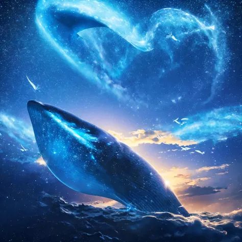 A big beautiful blue whale flying in a dark blue sky full of stars , emanating musical notes , many notes songs fantasy air like a story for children 