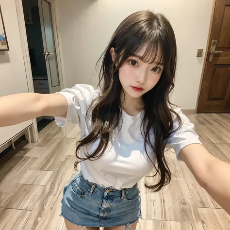 highest quality、masterpiece、office lady、White Room Wallpaper、Wood Grain Floor、((Front view from below))、(Medium Wavy Hair)、(small breast)、standing、Gazing at the audience、blush、(Selfie)、White shirt、(Denim long skirt)、(Red panties)、Panty shot、