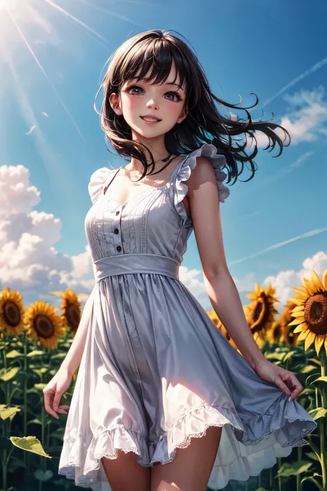 very cute and beautiful girl,frilled white summer dress with detailed lace,(highly detailed beautiful face),
standing in middle of sunflower field,beautiful summer sky,(smile),black hair,mid shot,stylish pose,detailed legs,
(best quality,masterpiece:1.0),a...