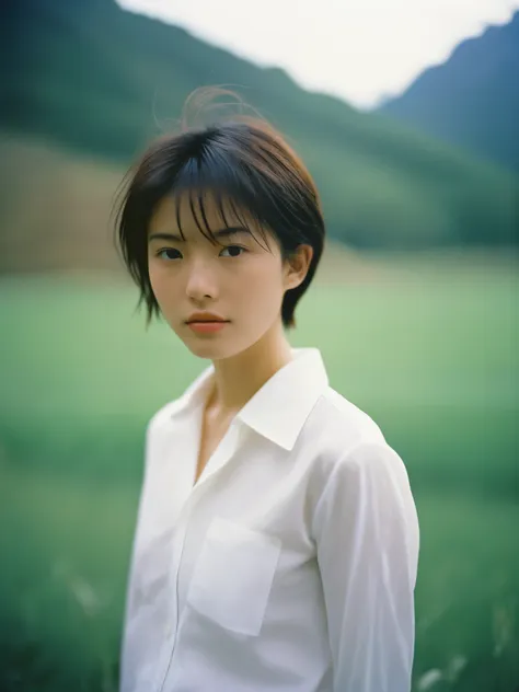 a masterpiece of analog film photography: short-haired girl,thin white shirt,photographed by hideaki hamada using a pentax 67ii ...