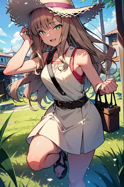 8k,highest quality,masterpiece,The seeds of a southern dream,The seeds of a southern dream　sss Dynazenon,Brown Hair,Long Hair,Green Eyes,Short braided hair,happy smile, smile, Open your mouth,Big straw hat,Sleeveless dress,Bare arms,Long skirt,Cute heeled ...