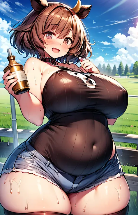 Anime illustration、highest quality、A short and plump woman、Cowbell collar、Holstein daughter、Cow print tube top、hot pants、Cow print knee socks、Perfect proportions、vast ranch、Pasture、Clear skies、overwhelmingly big breasts、Beautiful, shining eyes、Cowboy Shot、...