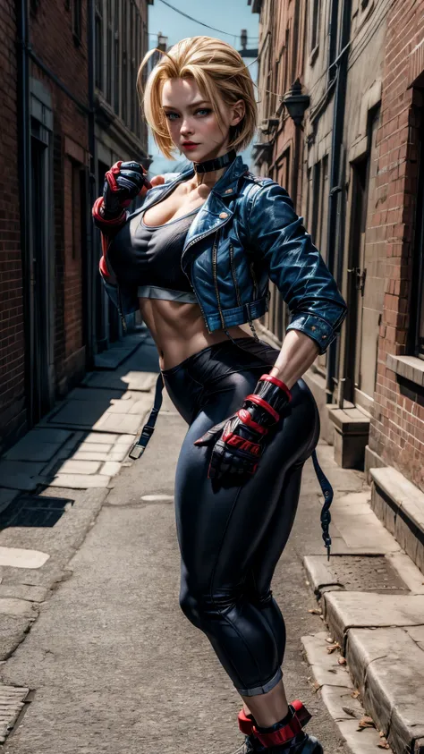 masterpiece, best quality, highres, 1girl, cammy white, short hair, antenna hair, blue eyes, scar on cheek, large breasts, black choker, collarbone, blue jacket, cropped jacket, open jacket, sports bra, midriff, fingerless gloves, black gloves, black pants...