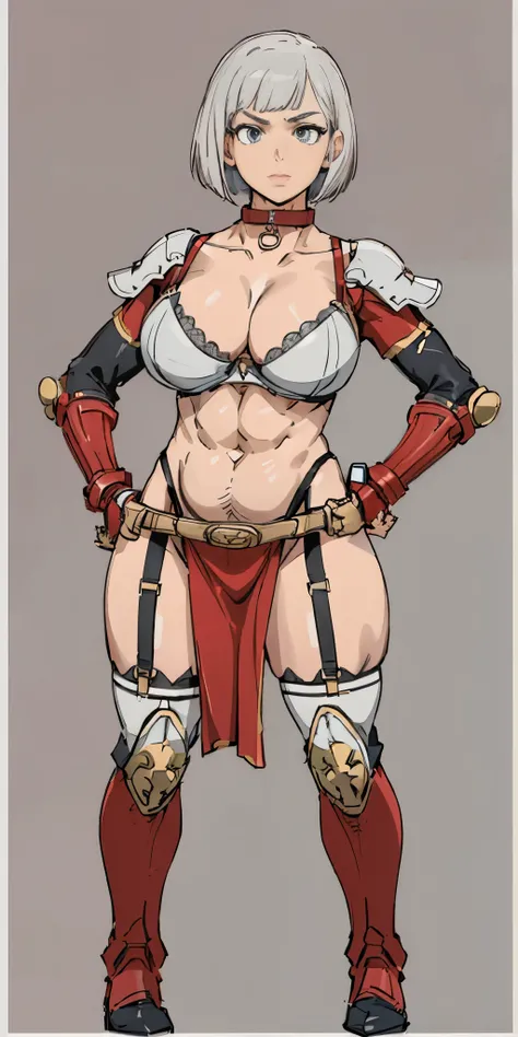 ((Plain background 1:2)) (Cammy White Street Fighter white silver short bob haircut) Female full body standing straight symmetrical looking to the viewer RED full body armored (handcuffs, shackles, rerebrace, faulds, poleyn, gauntlets, leather collar choke...