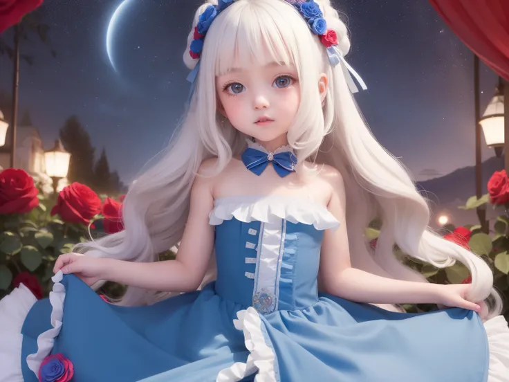 A very cute and innocent 7-year-old girl, Curly white hair and a pretty blue frilly dress, Surrounded by large white and red roses, Under the night with the stars and the big blue moon overhead.