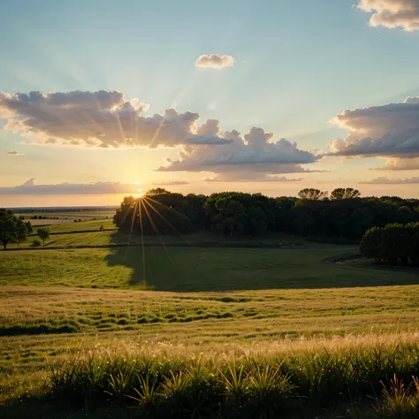 prairie, field meadow, a few trees in the distance, mottled light and shadow, beautiful, masterpiece