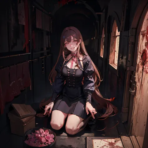 masterpiece,best quality,ultra-detailed,high resolution,extremely detailed, woman, pink irises, smile, insane expression, blood on face, blood on clothes, long hair, brown hair, sharp teeth