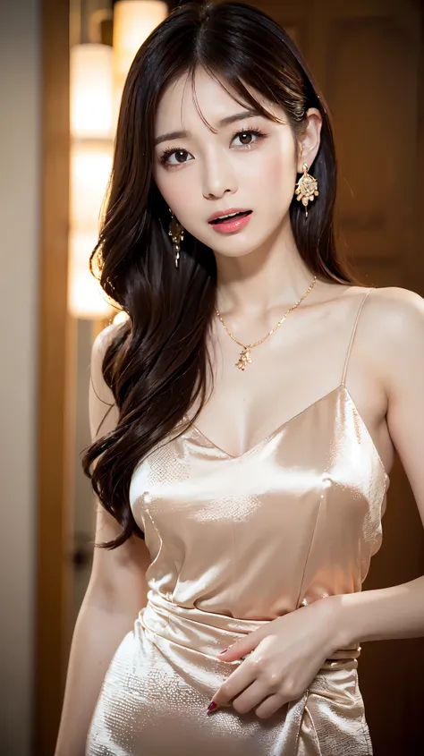 1 female, Beautiful Japanese actresses, Age 25, Double Eyes,mile, Detailed face, Big earrings，Large Necklace, Flashy makeup using red eyeshadow，light brown delicate middle cut hair，the tips of the hair are wavy，Classy hairstyle，fine grain,Slender actress, ...