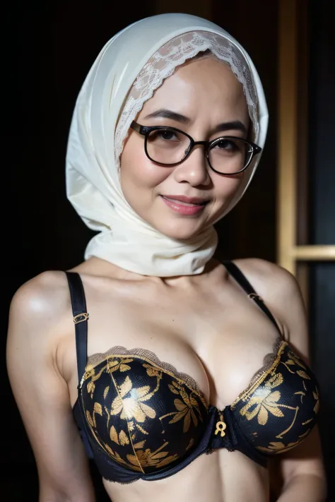 Spectacles, ((Old body lady:1.3)), ((Old lady:1.6)), (Happy smile), (((HIJAB MALAY GIRL))), masutepiece, High quality, UHD 32K, Realistic face, Realistic skin feeling , A Japanese Lady, 58 years old matured lady, , Very cute and baby-like face, (((FLAT CHE...