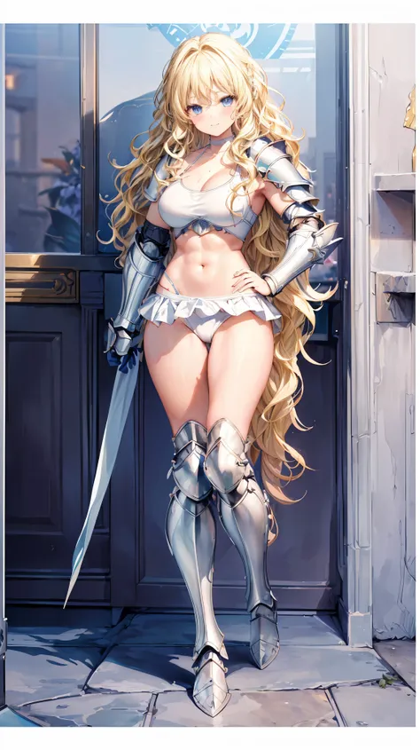 Very detailed、highest quality、Best image quality、masterpiece、8k、Anime Face、A kind smile、Open your mouth、Sparkling blue eyes、(Blonde wavy hair:1.5)、、Muscles of the whole body、Hands on hips、camisole、Thigh belt、mini skirt、(Wearing white bikini armor:1.5)、Cowb...