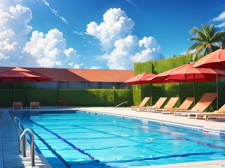 (highest quality:1.5), (masterpiece:1.5), background, wide pool, noon, summer, outside, facility