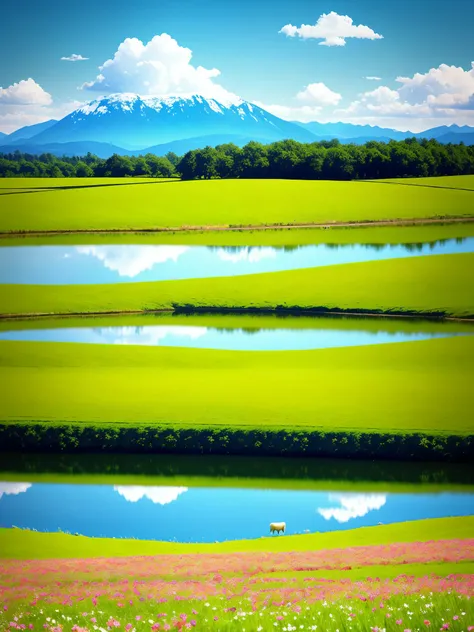 summer, Pasture, Some small flowers, Clear lake, sheep, heaven, Big Clouds, blue sky, Hot Weather, HD detailed, Hyper Detail, movie, Surrealism, Soft Light, Deep focus bokeh, The distant view is of a gentle mountain range., Ray Tracing, Surrealism. --v6